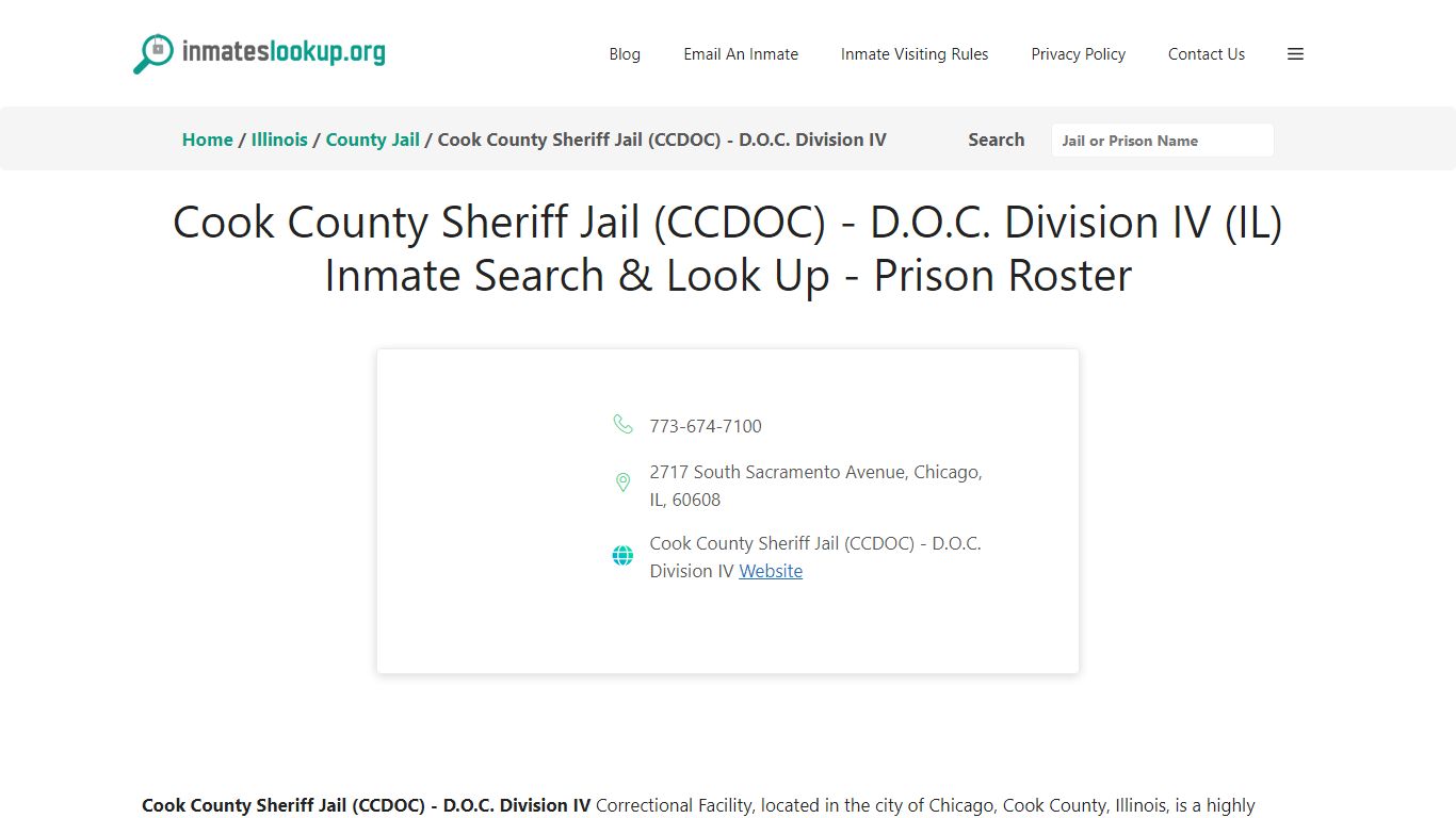 Cook County Sheriff Jail (CCDOC) - Inmates lookup