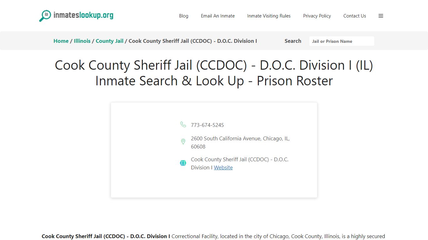 Cook County Sheriff Jail (CCDOC) - D.O.C. Division I (IL) Inmate Search ...